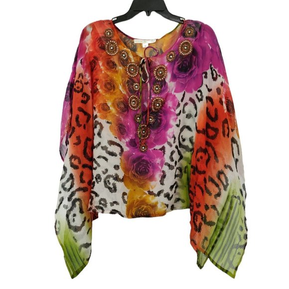 Boston Proper Tops - Boston Proper Animal Print Floral Beaded Poncho Top Size 18 V-Neck Sheer Chiffon
